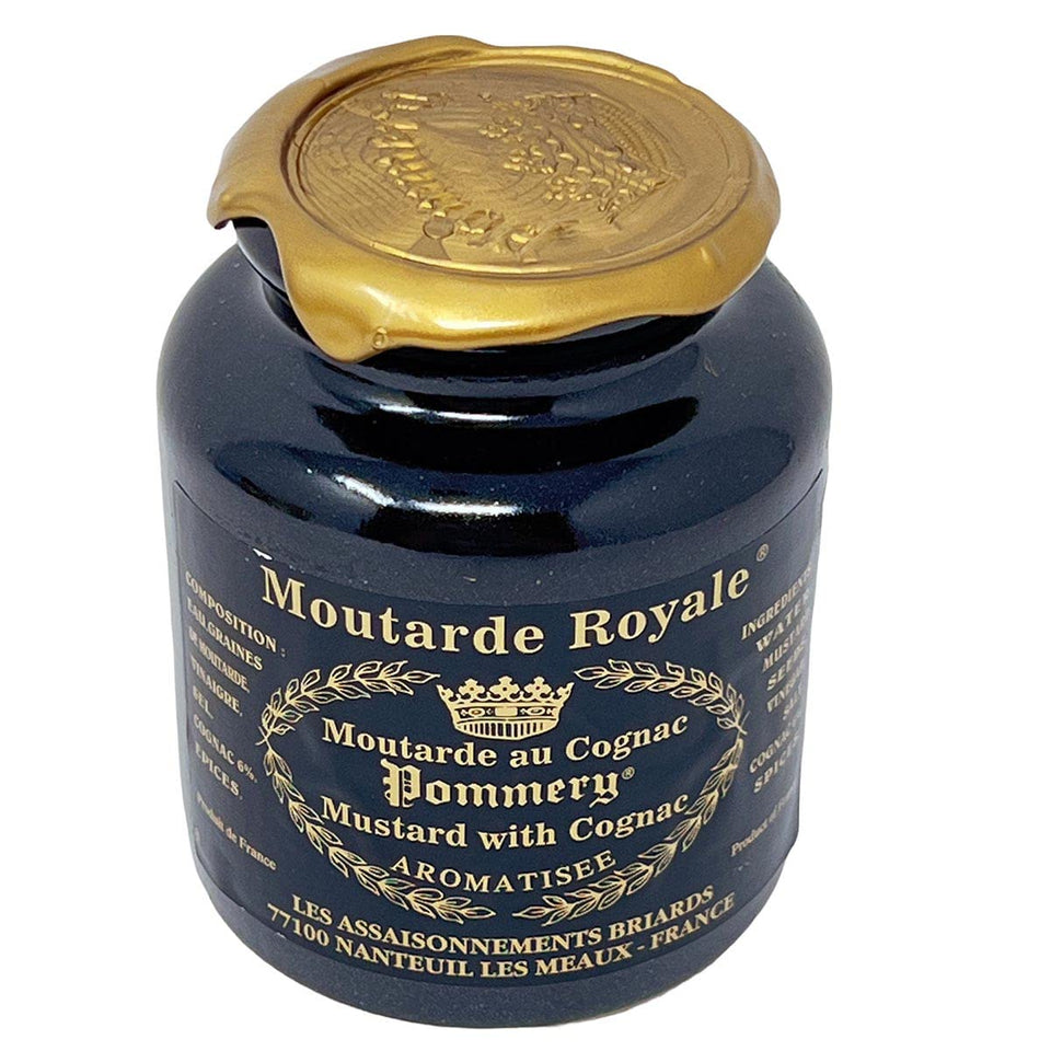 Pommery Moutarde Royale au Cognac jar front showing premium texture for gourmet meals.