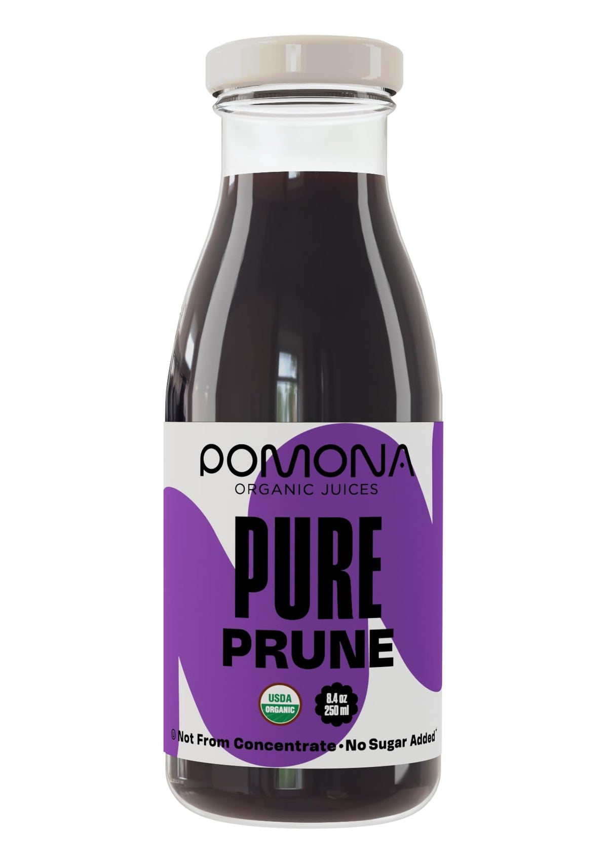 Pomona glass bottle packaging: eco-friendly, preservative-free prune juice with gluten-free certification.