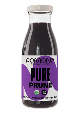 Pomona glass bottle packaging: eco-friendly, preservative-free prune juice with gluten-free certification.