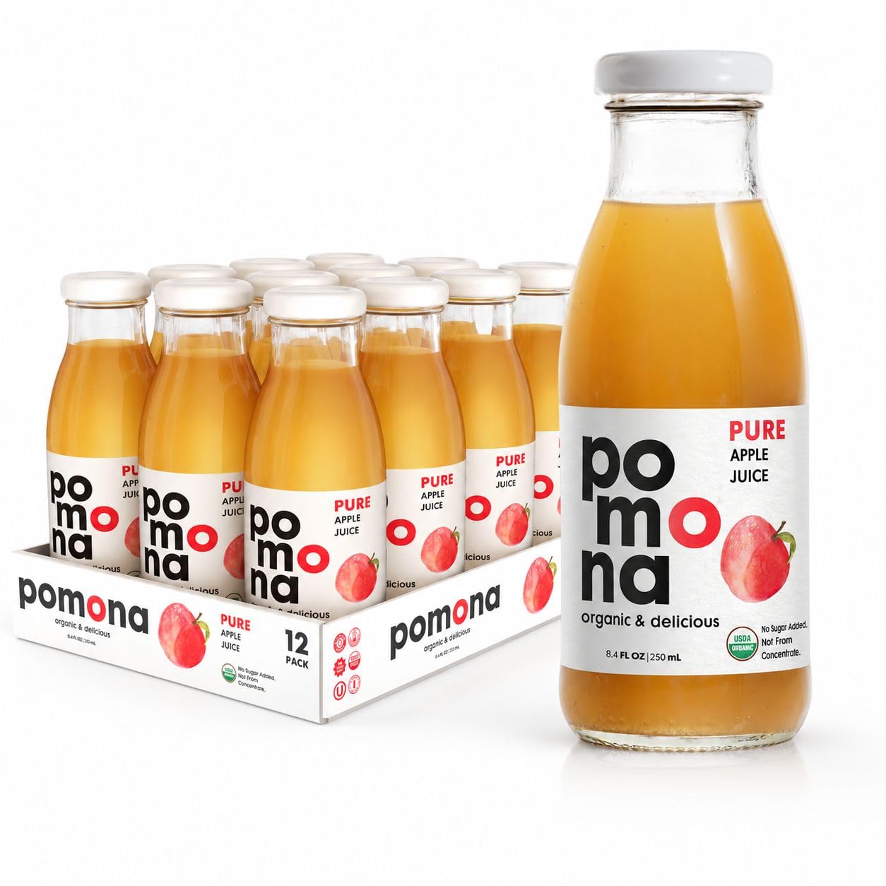 Pomona Organic Apple Juice bottle showing 100% apples, ready to enjoy