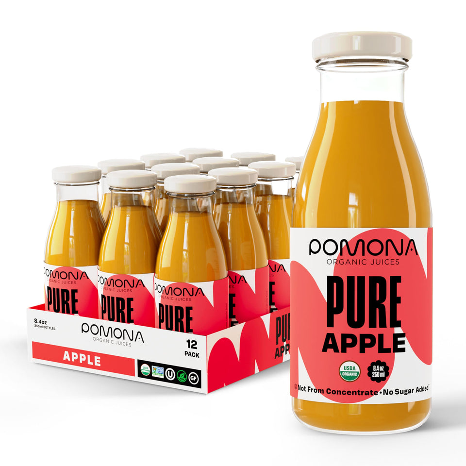 Pomona Organic Apple Juice bottle showing 100% apples, ready to enjoy