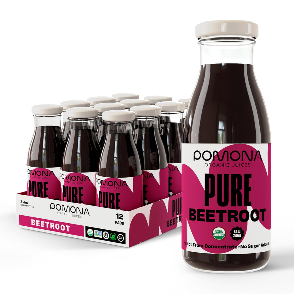 Pomona Organic Beet Juice bottle displays 99% organic beets and 1% lemon juice for natural refreshment