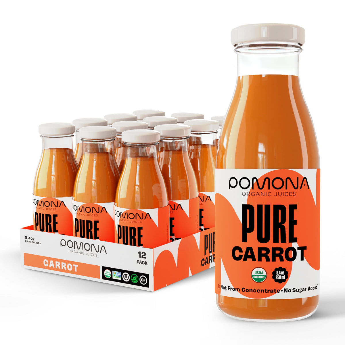 Pomona Organic Carrot Juice bottle shows bright orange color, ideal for on-the-go hydration