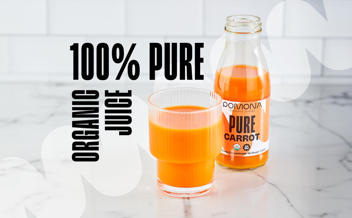 Pomona Organic Carrot Juice pour with a splash, perfect mixer for sparkling water