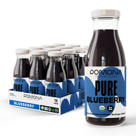 Pomona Organic Juices blueberry juice bottle shows pure organic blueberries for everyday sipping.