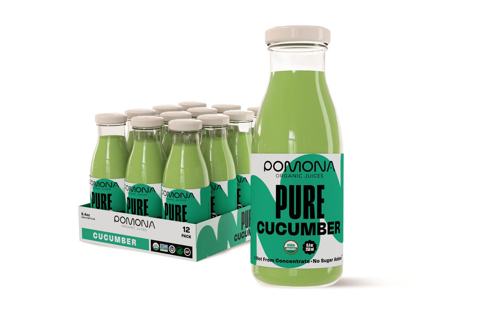 Pomona Organic Juices Pure Cucumber Juice bottle, crisp and refreshing, no sugar added