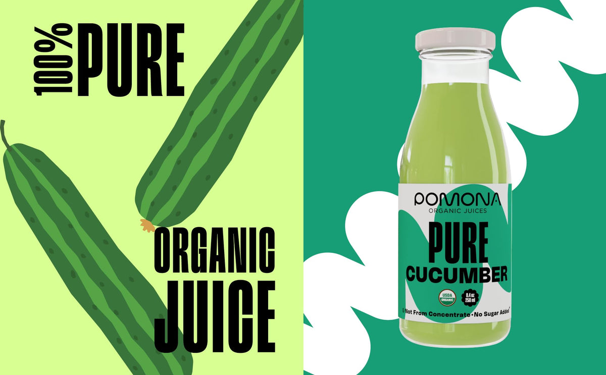 Pomona Organic Juices Pure Cucumber Juice pour into glass, refreshing hydration with no sugar added