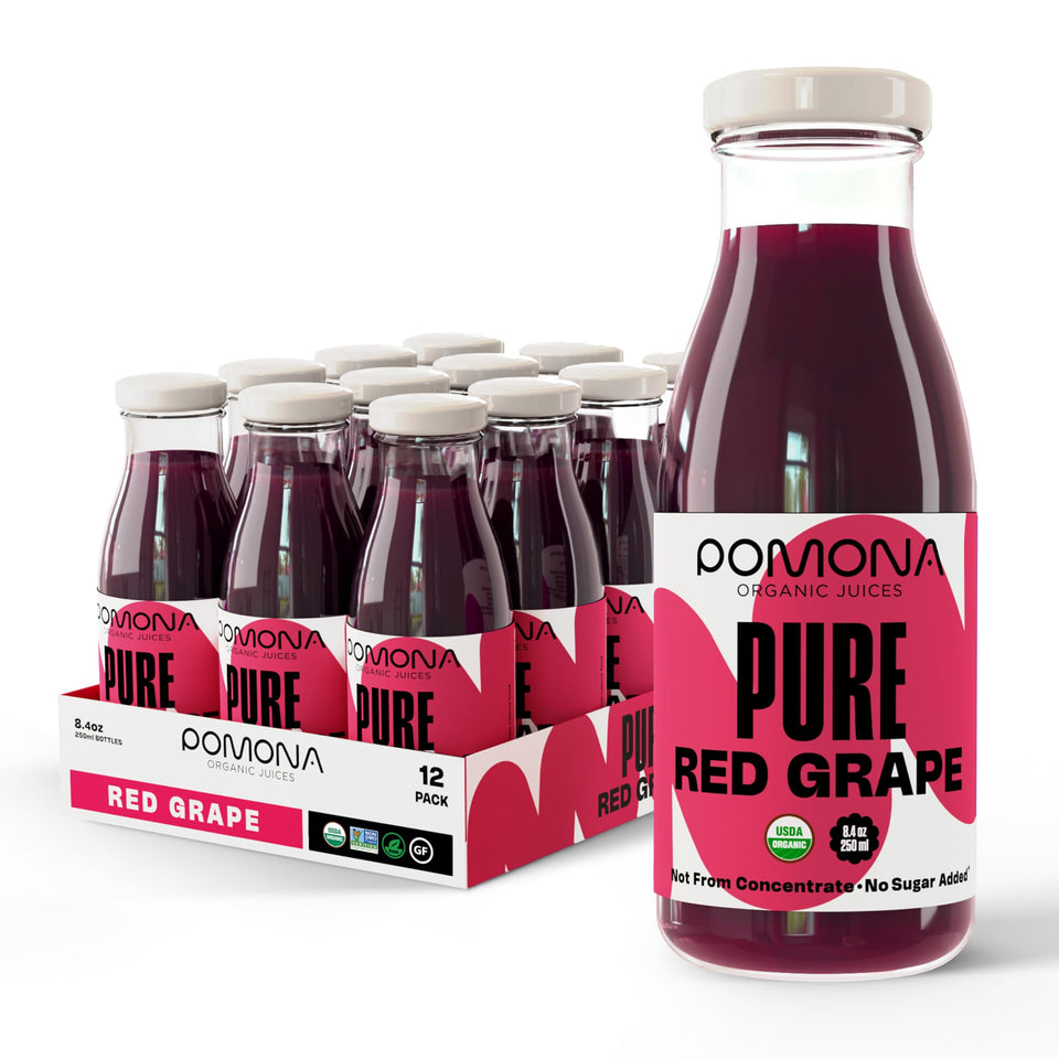 Pomona Organic Juices Pure Grape Juice bottle showcases 100% organic, single-ingredient grape juice.