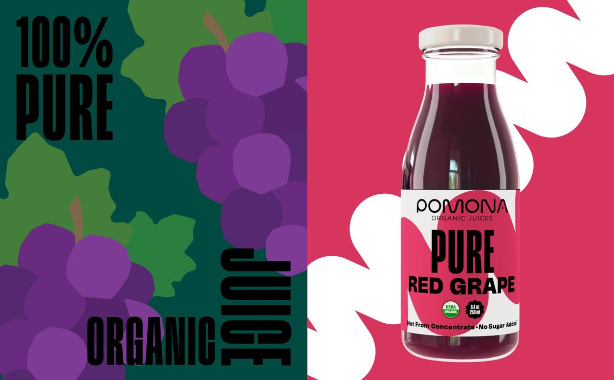 Pouring Pomona Pure Grape Juice into a glass highlights its smooth, natural flavor.