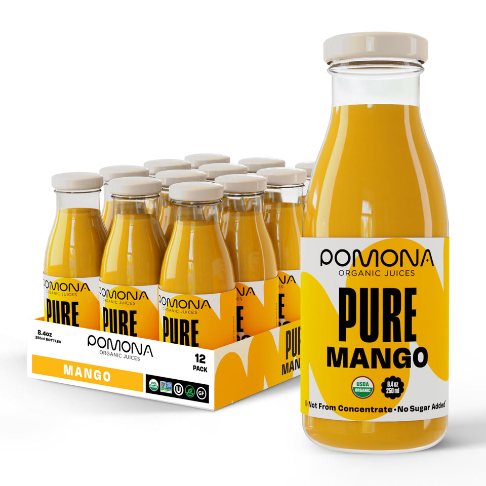 Pomona Organic Juices Pure Mango bottle pour on-the-go convenience.
