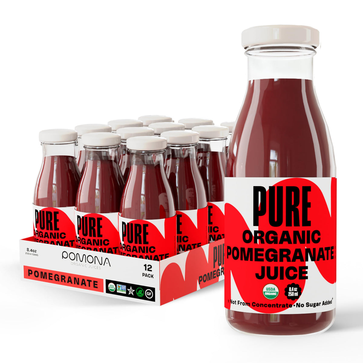 Pomona Organic Pomegranate Juice bottle, on-the-go ready, a natural source of antioxidants.