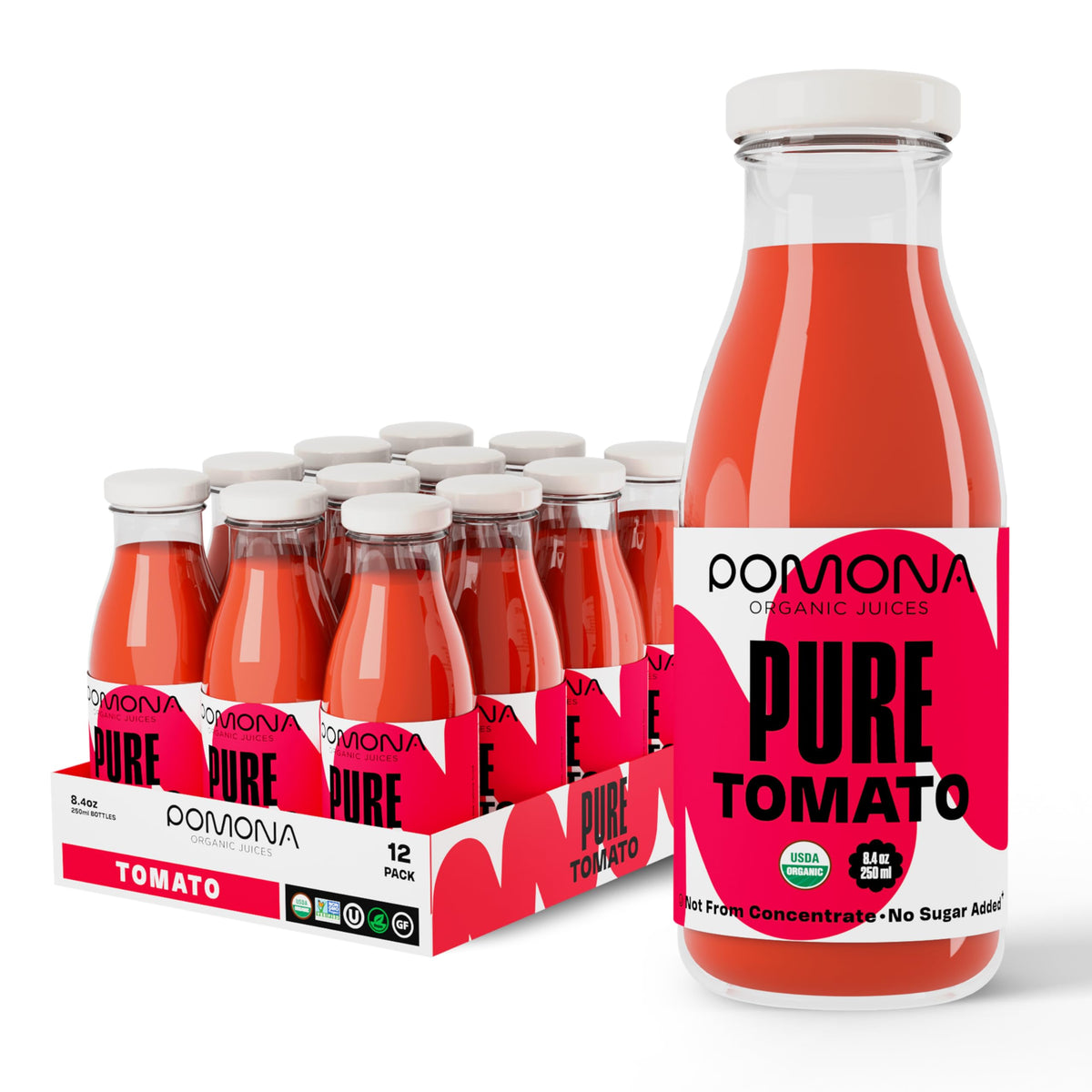 Pomona Organic Juices Pure Tomato Juice bottle, convenient 8.4 oz serving for on-the-go refreshment.