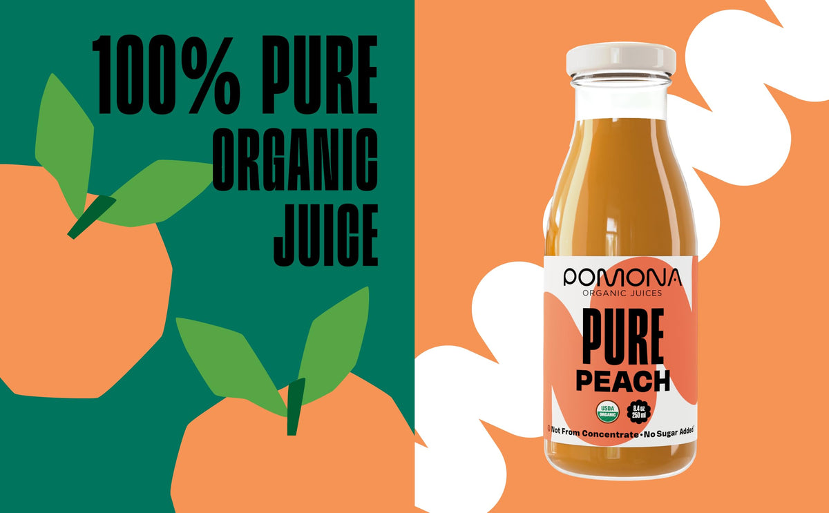 Pomona Organic Peach Juice pouring into glass: naturally cold-pressed flavor without concentrates.