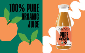 Pomona Organic Peach Juice pouring into glass: naturally cold-pressed flavor without concentrates.