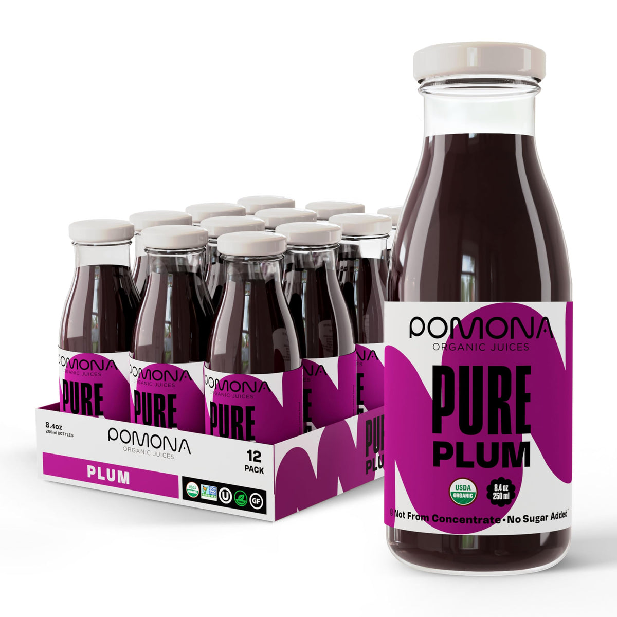 Pomona Organic Plum Juice bottle front view highlights pure, additive-free juice