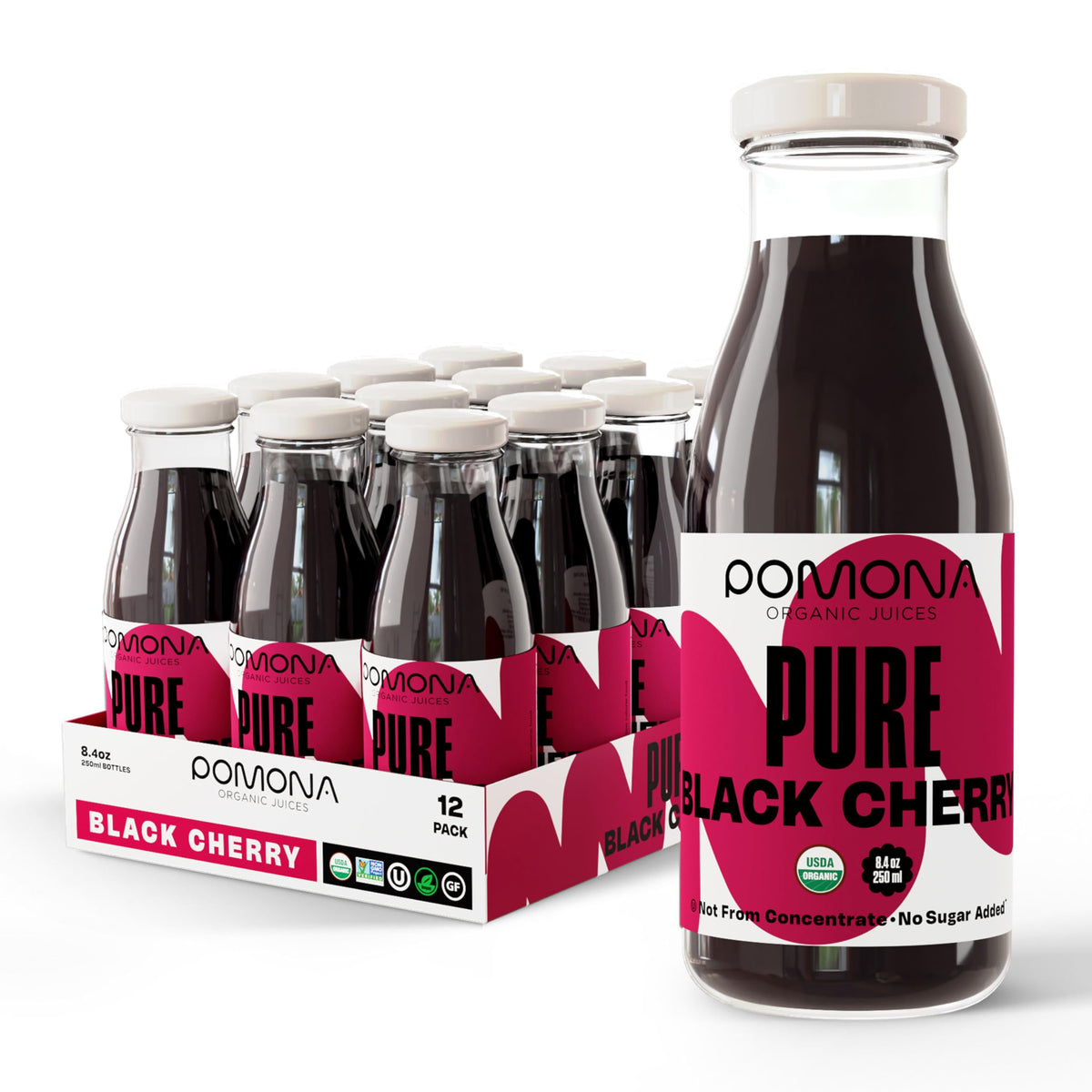 Pomona Organic Pure Black Cherry Juice bottle on shelf, ready for on-the-go refreshment.