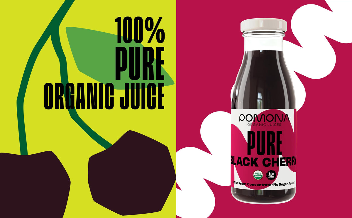 Pomona Organic Pure Black Cherry Juice being poured into a glass for a natural, no added sugar treat.