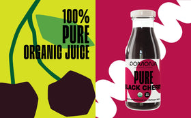 Pomona Organic Pure Black Cherry Juice being poured into a glass for a natural, no added sugar treat.