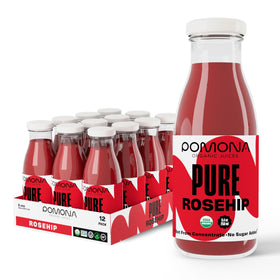 Pomona Organic Rosehip Juice bottle in glass, cold-pressed, no sugar added, gluten-free