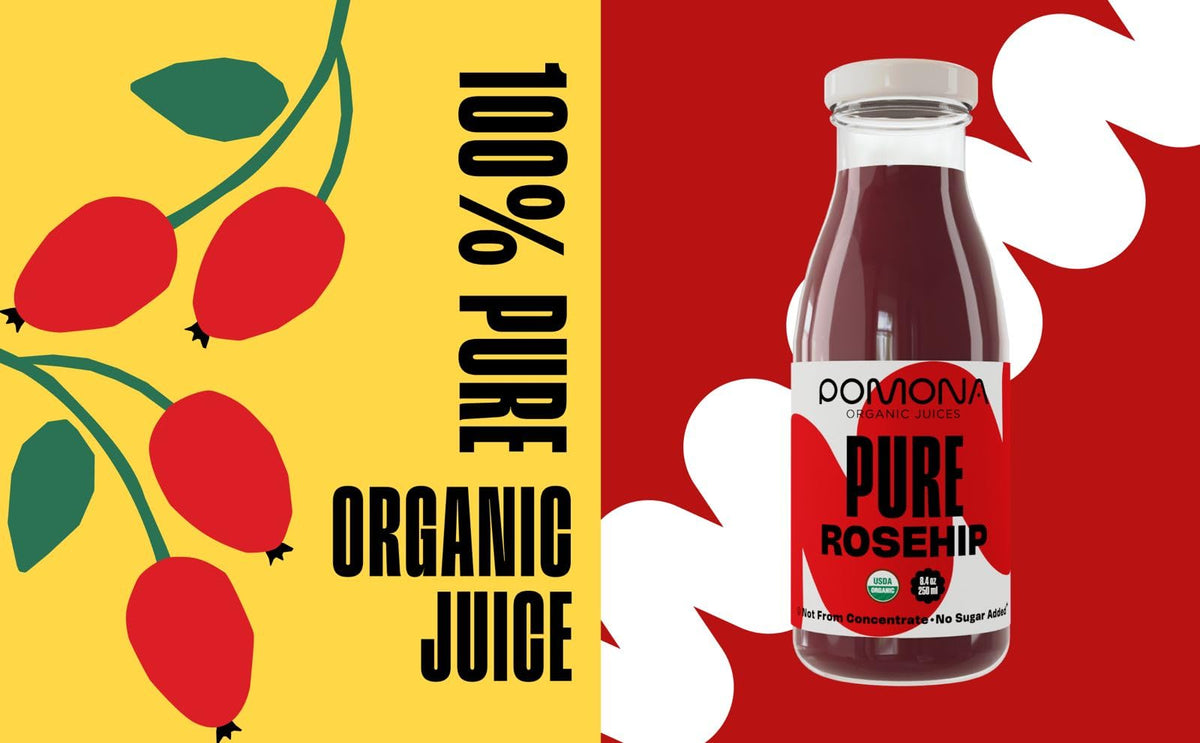 Pomona Organic Rosehip Juice being poured from a glass bottle, on-the-go refreshment