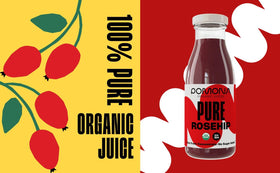 Pomona Organic Rosehip Juice being poured from a glass bottle, on-the-go refreshment