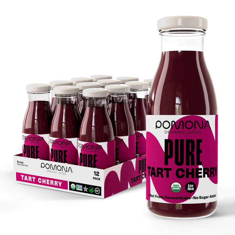 Pomona Organic Tart Cherry Juice bottle front; pure flavor and gluten-free refreshment.