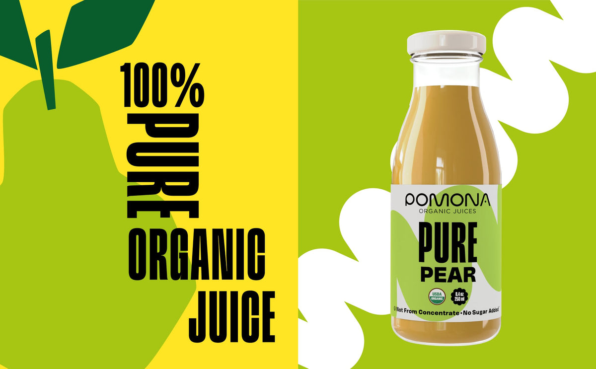 Pomona Pear Juice pour glass — ready-to-drink, on-the-go healthy option.