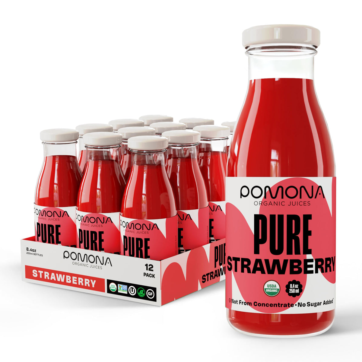 Pomona Strawberry Juice bottle closeup showing 100% organic ingredients and purity