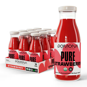 Pomona Strawberry Juice bottle closeup showing 100% organic ingredients and purity