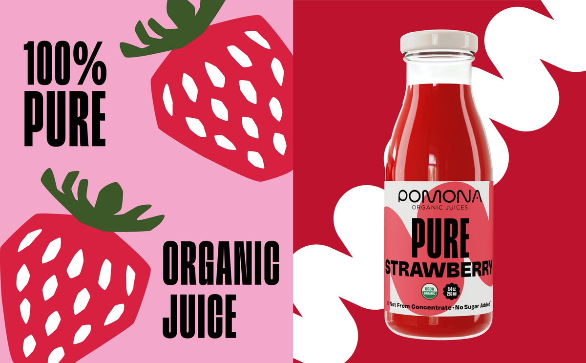 Pomona Strawberry Juice bottle pour illustrating on-the-go hydration with no added sugar