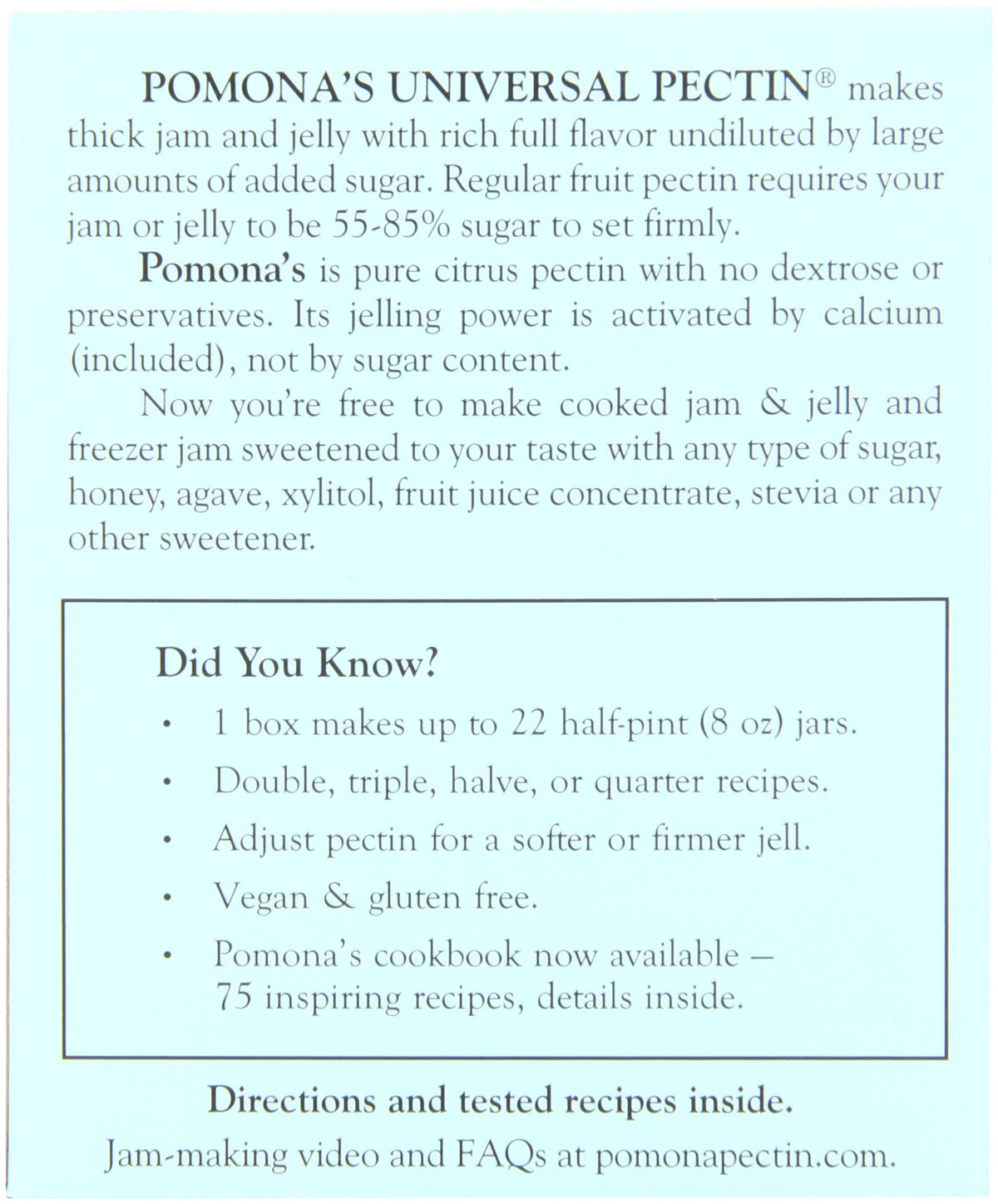 Close-up of Pomona's Universal Pectin label on a jar highlighting sugar-free, low-methoxyl formula.