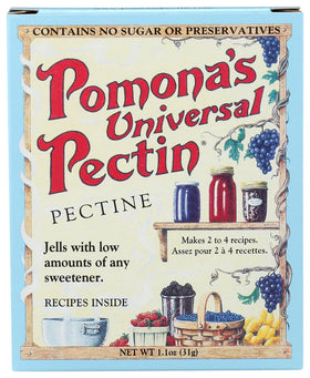 Pomonas Universal Pectin box front shows a citrus-based gelling agent for sugar-free jams.