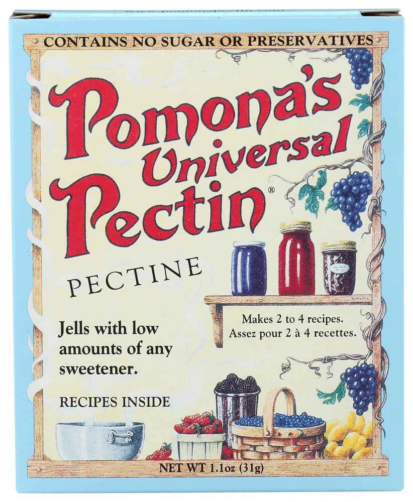 Pomonas Universal Pectin box front shows a citrus-based gelling agent for sugar-free jams.