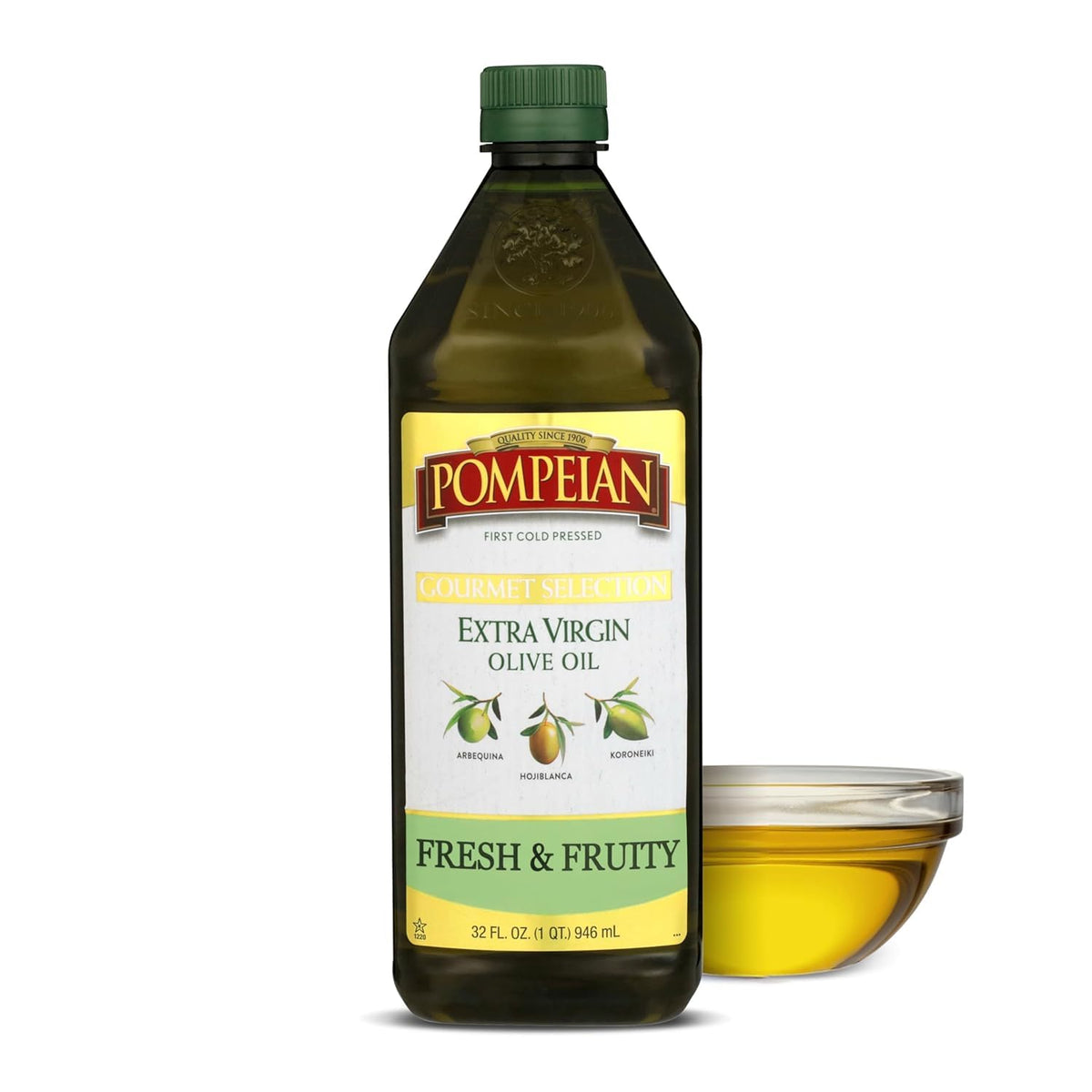 Pompeian Gourmet Selection EVOO bottle on counter ready for cooking.