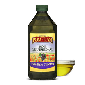 Pompeian Grapeseed Oil bottle on kitchen counter, ideal for high-heat cooking