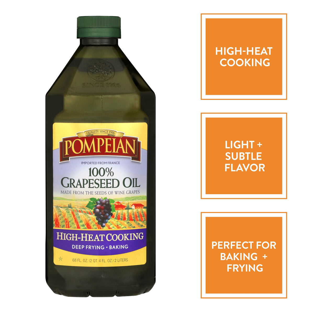 Pompeian grapeseed oil bottle with skillet for sautéing.