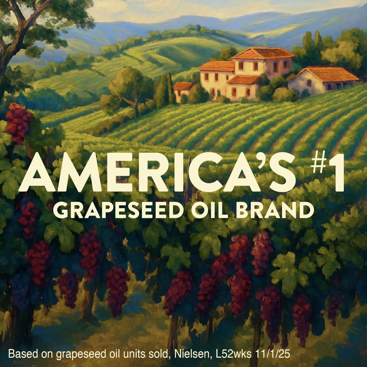 Pompeian grapeseed oil six-pack on kitchen shelf.