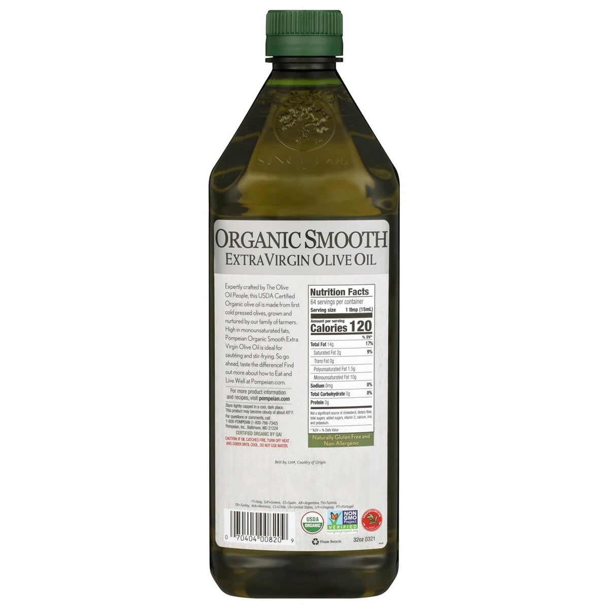 Pompeian Organic EVOO label closeup highlights trusted organic certification and purity.