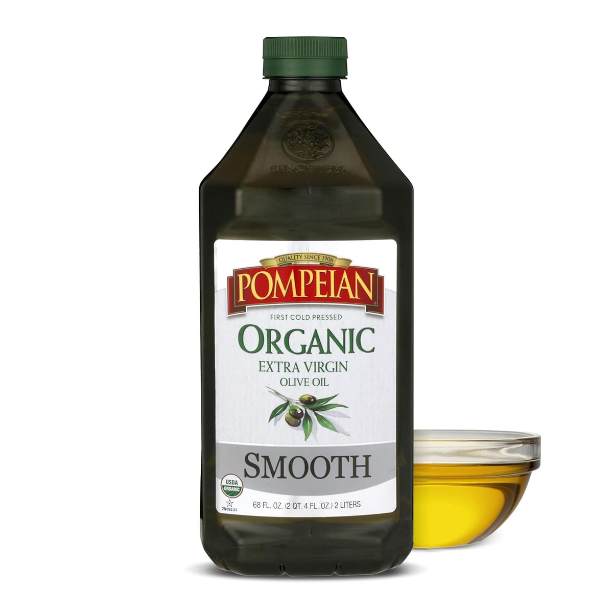 Pompeian Organic Smooth EVOO bottle, ideal for everyday sautéing.