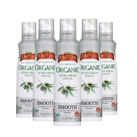 Pompeian Organic Smooth EVOO Spray bottle on the counter for easy sautéing.
