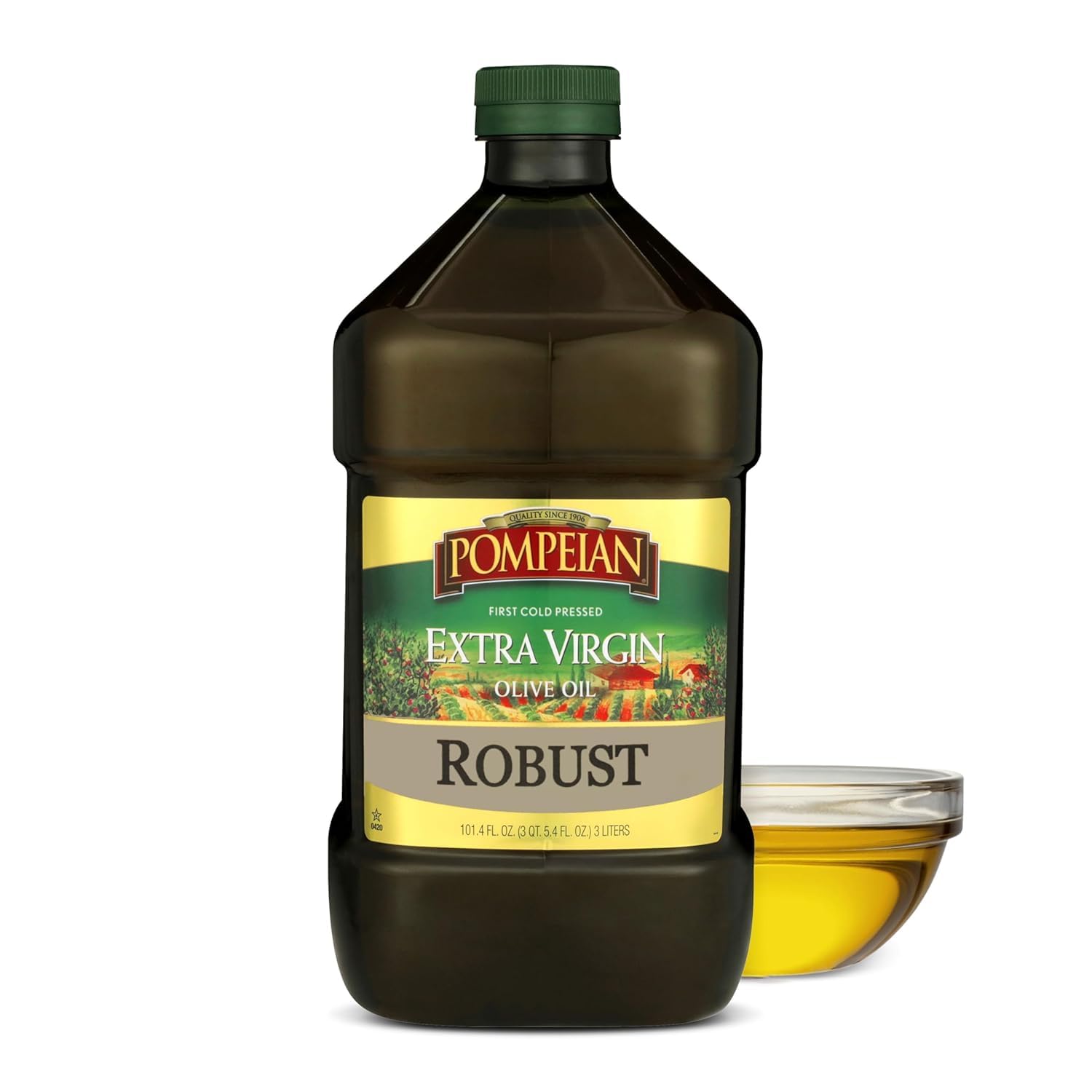 Pompeian Robust Extra Virgin Olive Oil bottle with bold flavor for pasta and dressings.