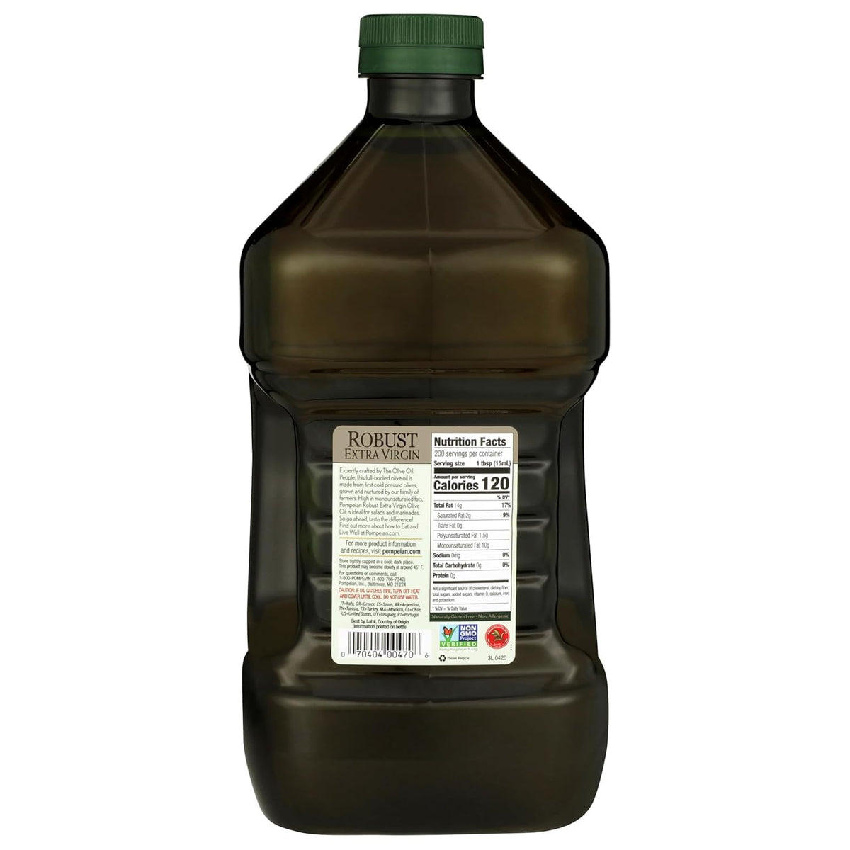Pompeian Robust EVOO jar with label highlights Non-GMO and Kosher certifications.