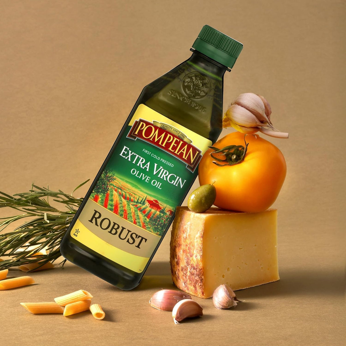 Pompeian Robust EVOO label closeup emphasizing heritage and polyphenols