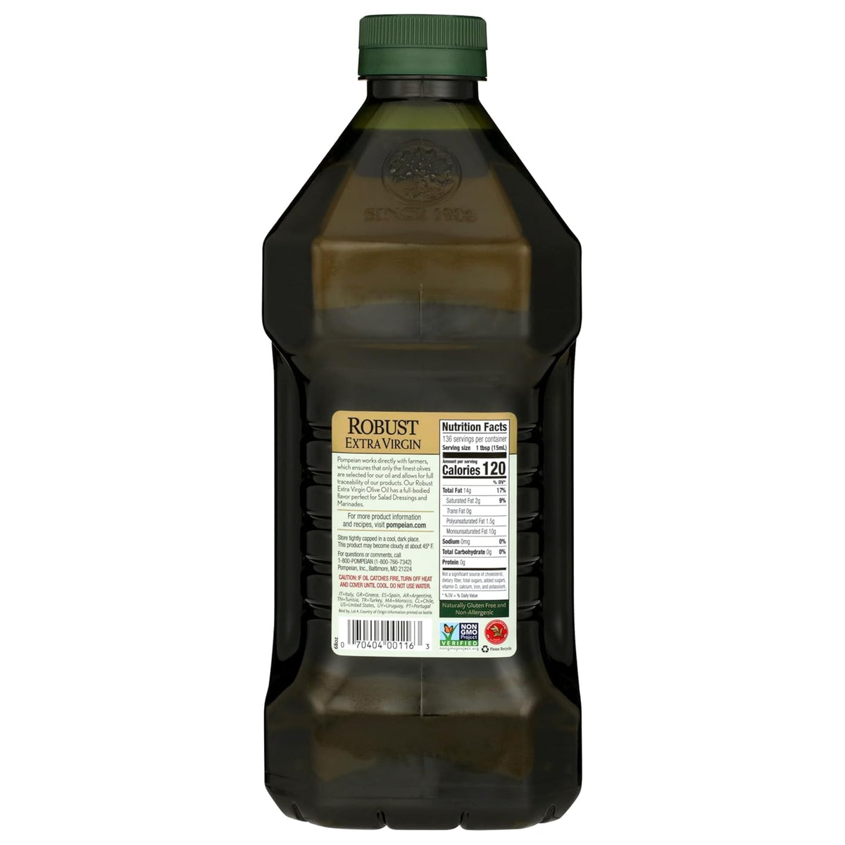 Pompeian Robust EVOO olive tree farm imagery conveying harvest quality