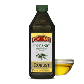 Pompeian Robust Organic EVOO bottle pour, bold flavor ready for cooking.