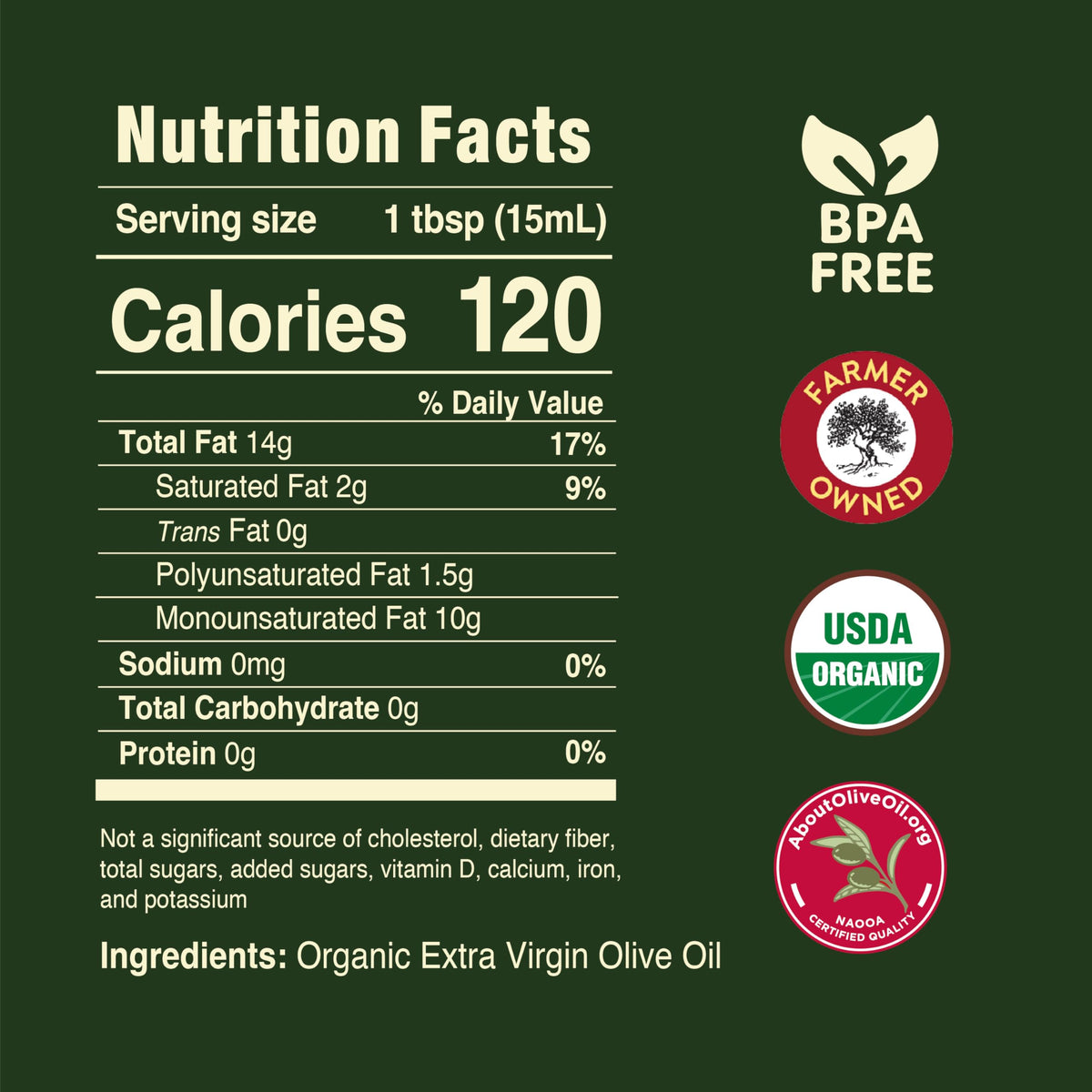 Pompeian Organic EVOO label closeup showing organic certification and first cold press.