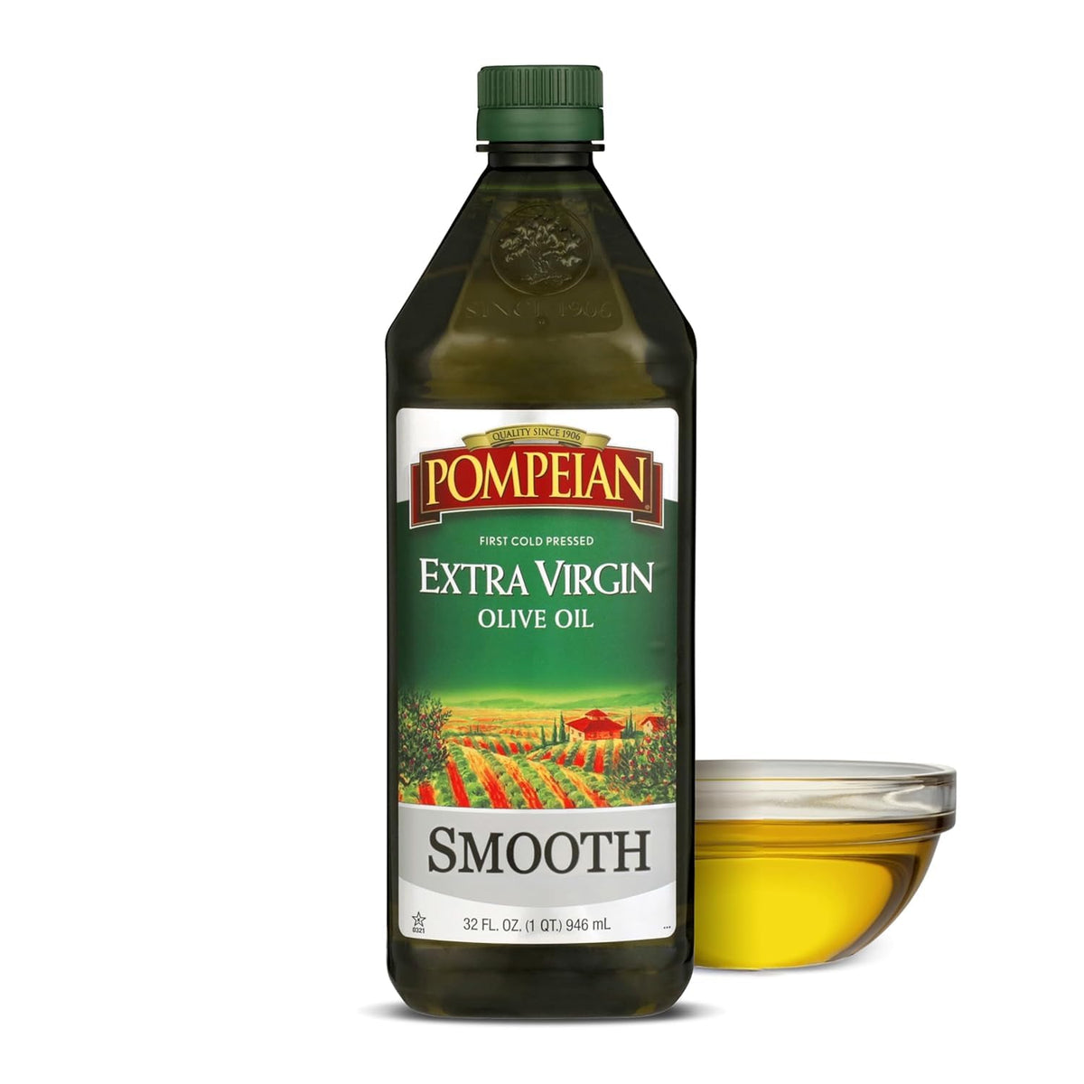 Pompeian Smooth EVOO 32oz bottle on kitchen counter for everyday cooking