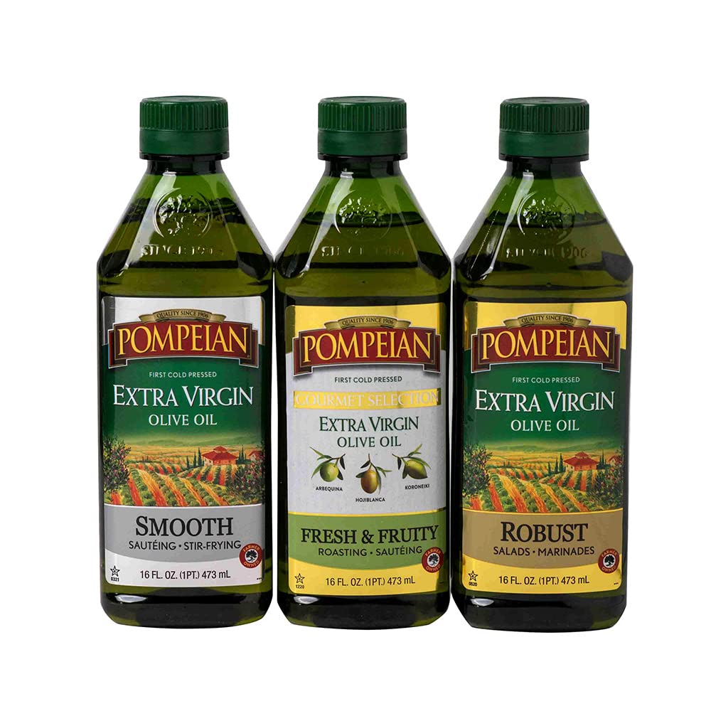Pompeian Smooth EVOO bottle pouring for light sauté and drizzle