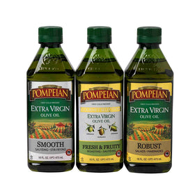 Pompeian Smooth EVOO bottle pouring for light sauté and drizzle