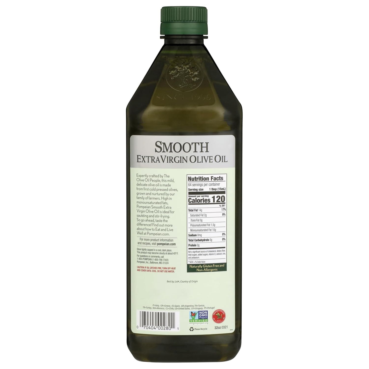 Pompeian Smooth EVOO non-GMO and Kosher certification seal